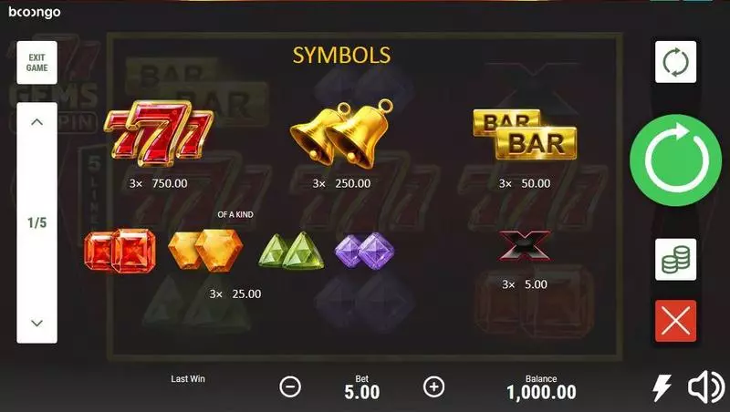 777 Gems: Respin Booongo Slots - Paytable