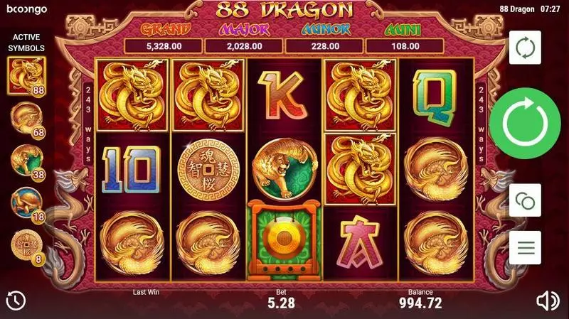 88 Dragon Booongo Slots - Main Screen Reels