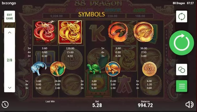 88 Dragon Booongo Slots - Paytable