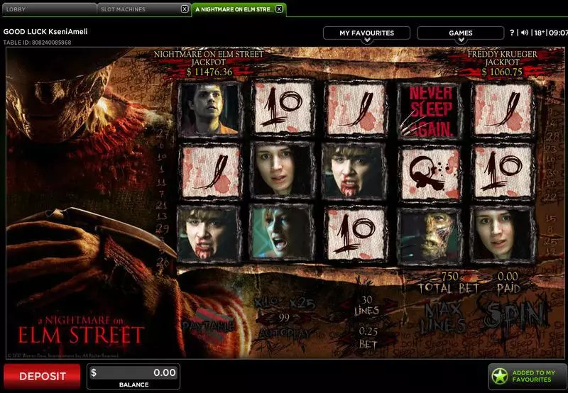 A Nightmare on Elm Street 888 Slots - Main Screen Reels