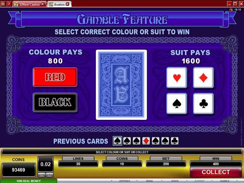Avalon Microgaming Slots - Gamble Screen