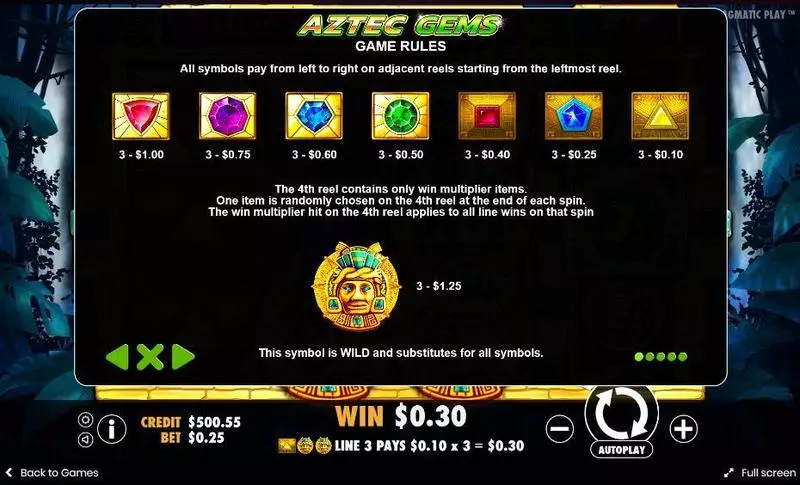 Aztec Gems Pragmatic Play Slots - Paytable