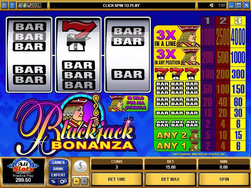 Blackjack Bonanza Microgaming Slots - Main Screen Reels