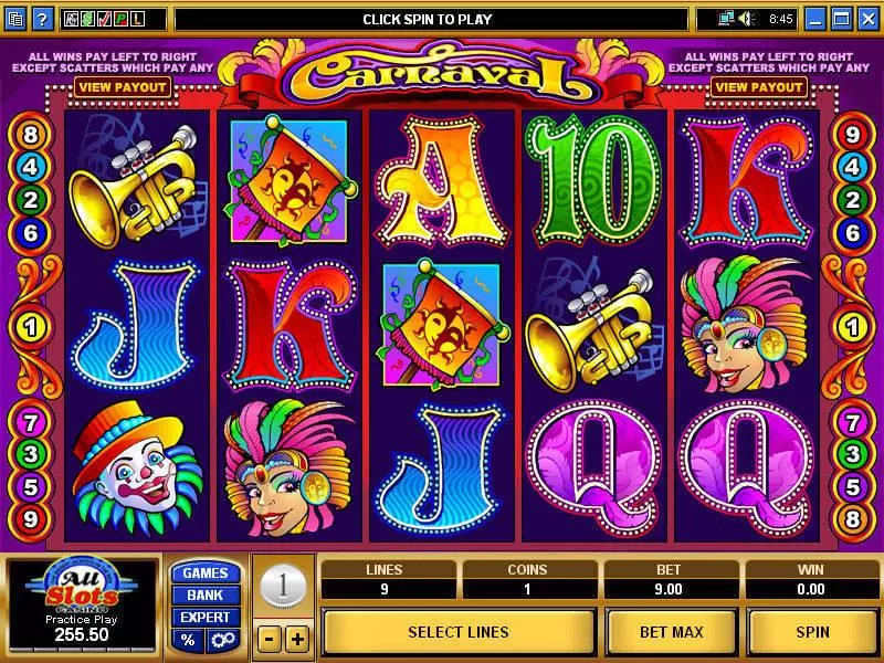 Carnaval Microgaming Slots - Main Screen Reels
