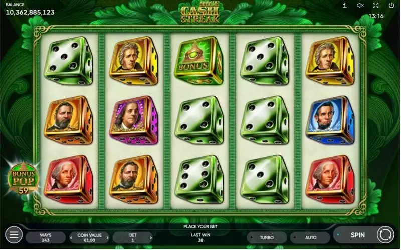 Cash Streak Dice Endorphina Slots - Main Screen Reels