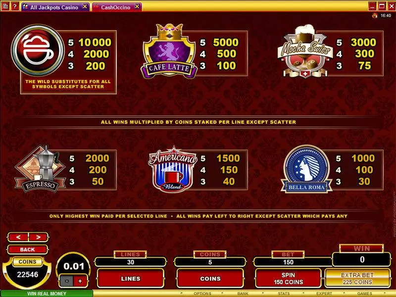 CashOccino Microgaming Slots - Info and Rules