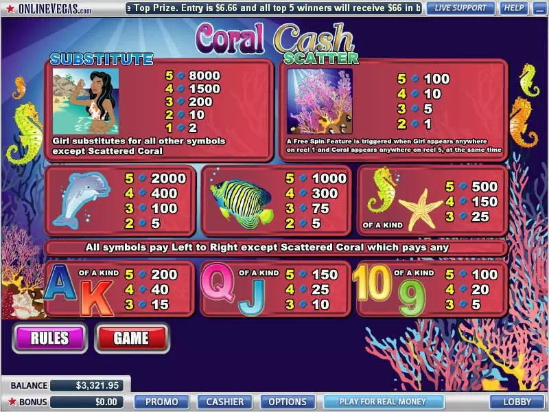 Coral Cash WGS Technology Slots - Info and Rules