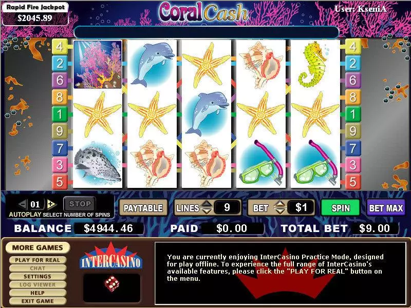 Coral Cash CryptoLogic Slots - Main Screen Reels