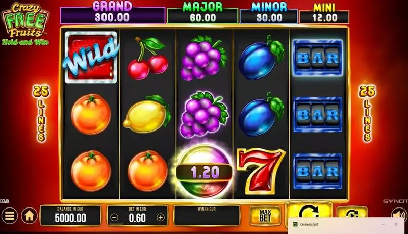 Crazy Free Fruits Synot Games Slots - Main Screen Reels
