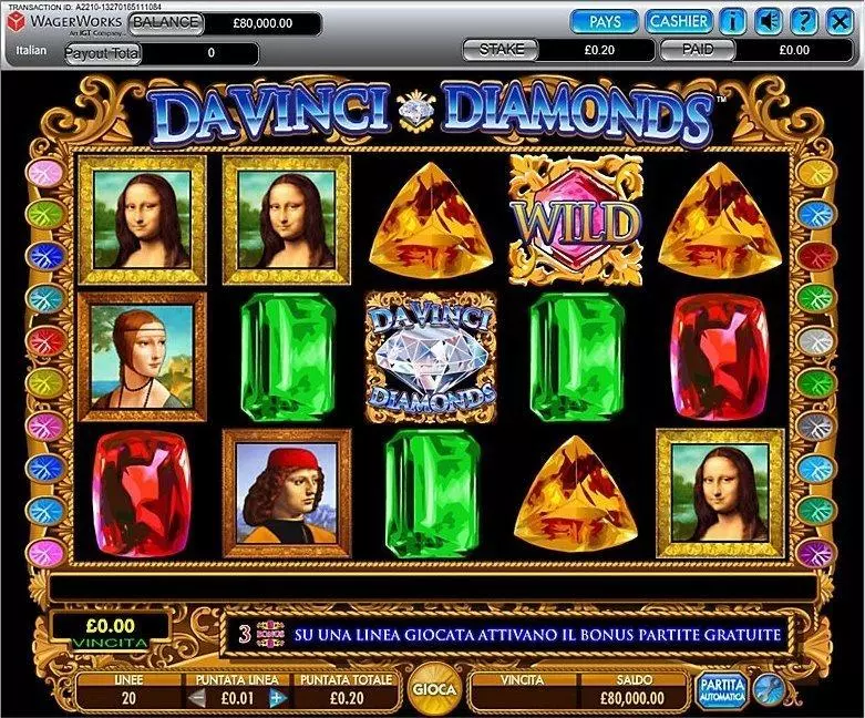Da Vinci Diamonds IGT Slots - Introduction Screen