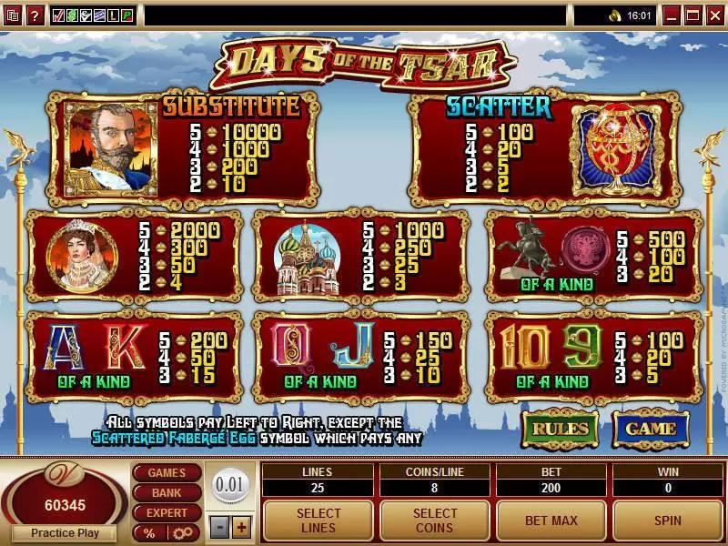 Days of the Tsar Microgaming Slots - Info and Rules