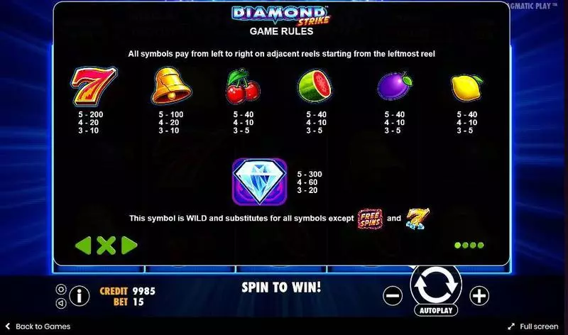 Diamond Strike Pragmatic Play Slots - Paytable
