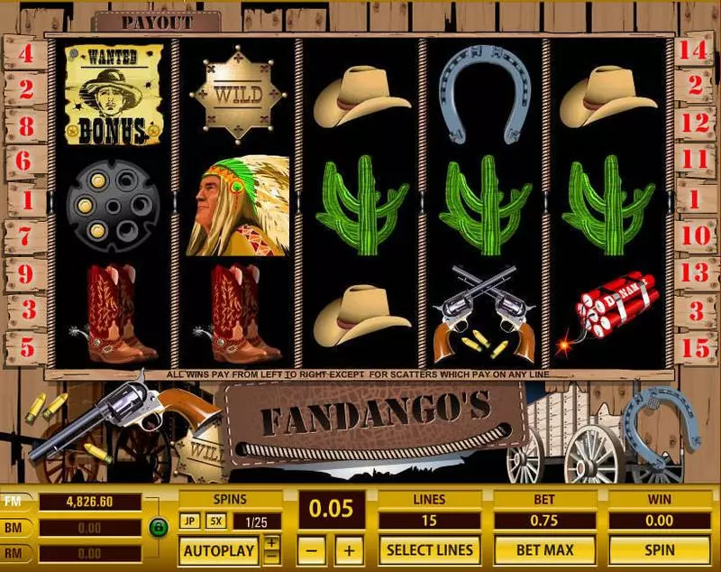 Fandango's 15 Lines Topgame Slots - Main Screen Reels