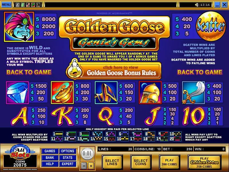 Golden Goose - Genie's Gems Microgaming Slots - Info and Rules