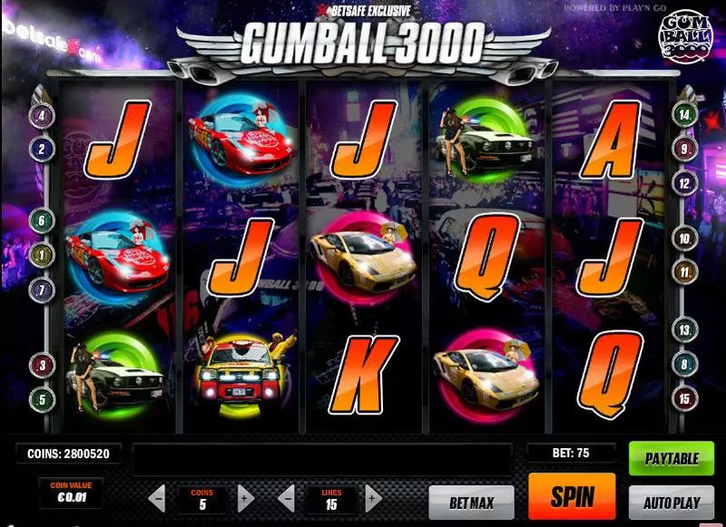 Gumball 3000 Play'n GO Slots - Main Screen Reels