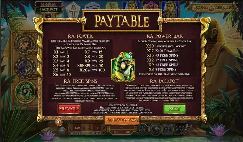 Legend of the Nile BetSoft Slots - Paytable