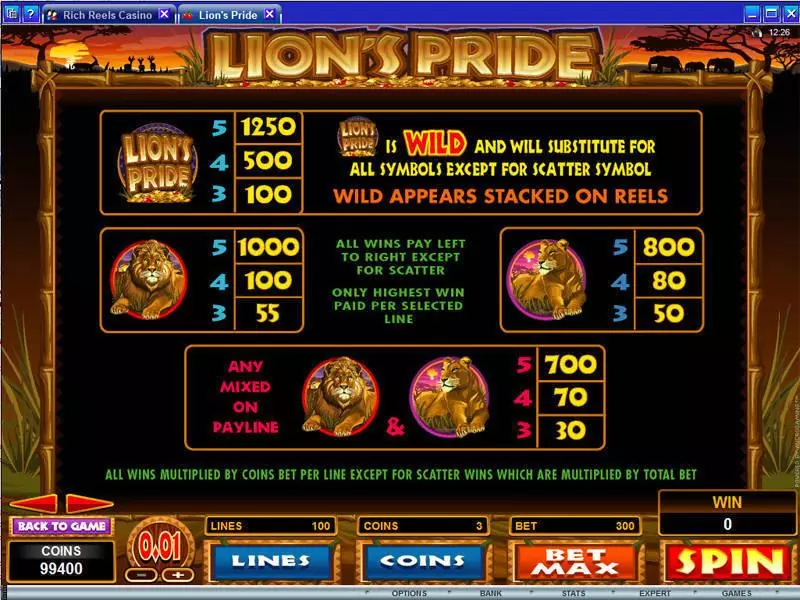 Lion's Pride Microgaming Slots - Info and Rules