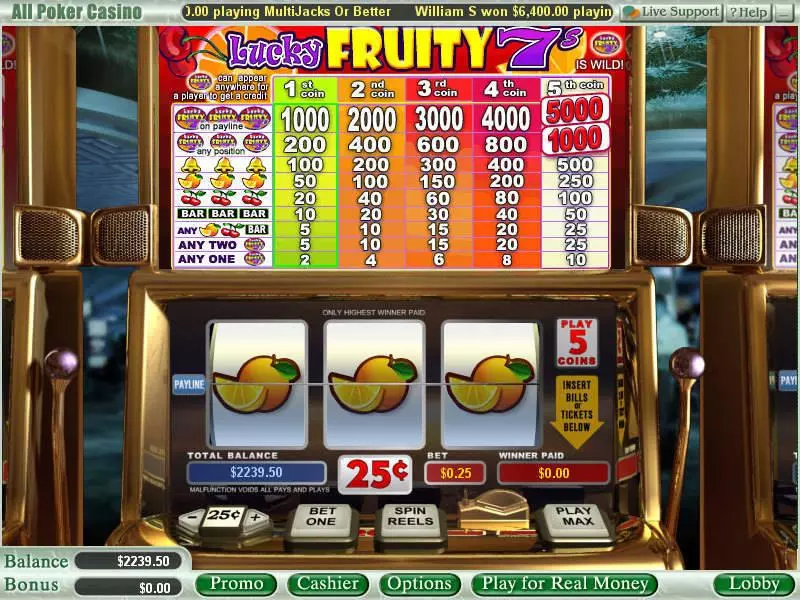Lucky Fruity 7's WGS Technology Slots - Main Screen Reels