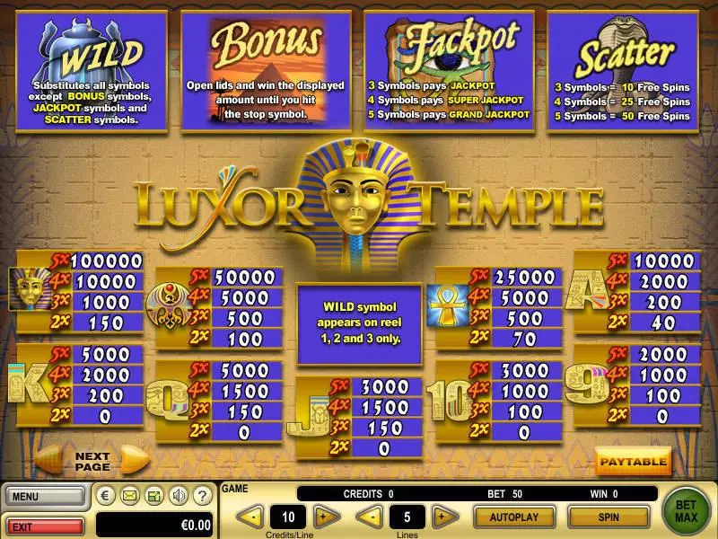 Luxor Temple GTECH Slots - Info and Rules