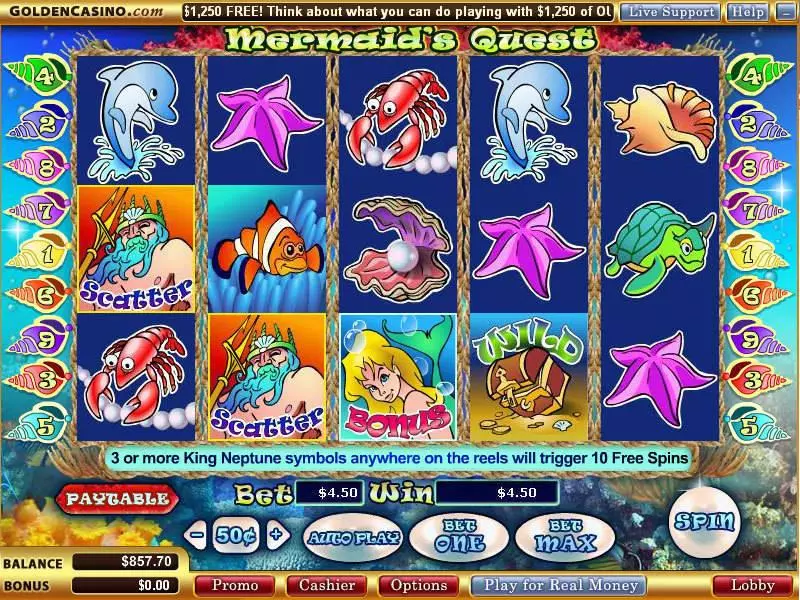 Mermaid's Quest WGS Technology Slots - Main Screen Reels
