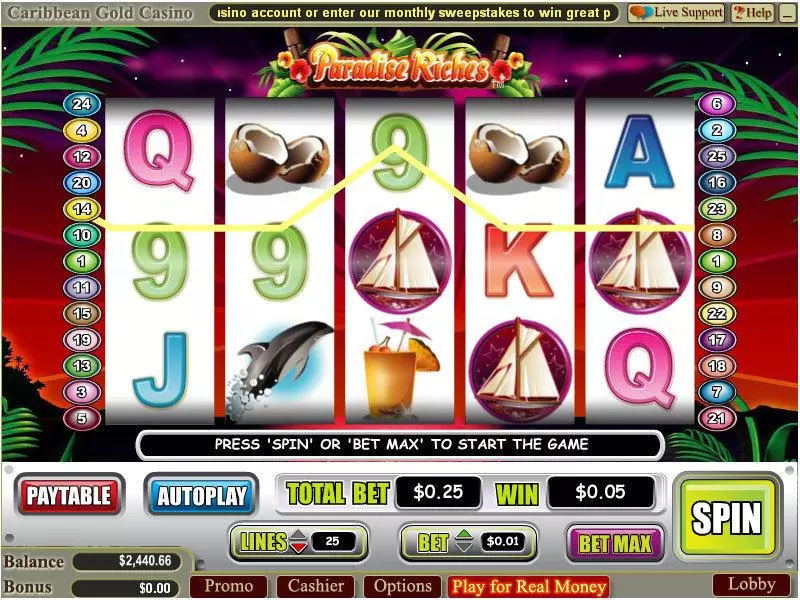 Paradise Riches WGS Technology Slots - Main Screen Reels