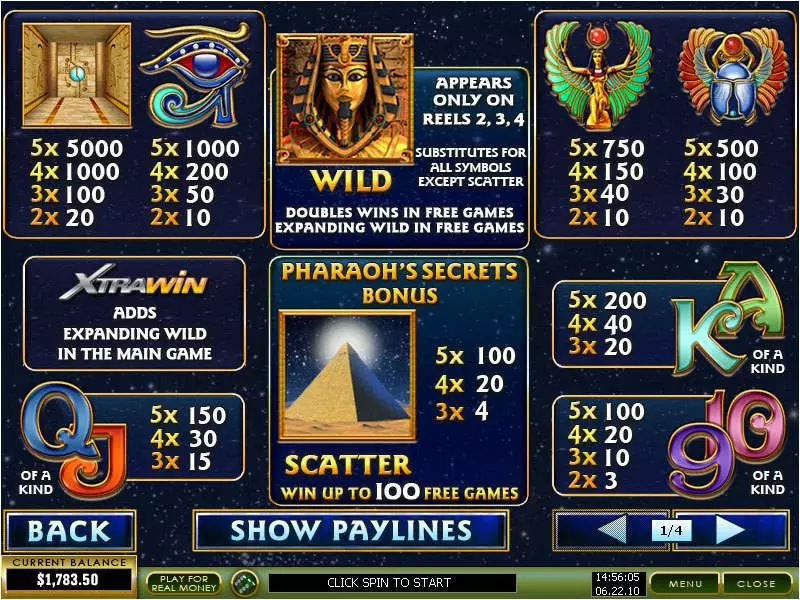 Pharaoh's Secrets PlayTech Slots - Info and Rules