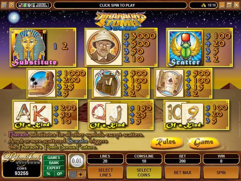 Pharaoh's Tomb Microgaming Slots - Info and Rules