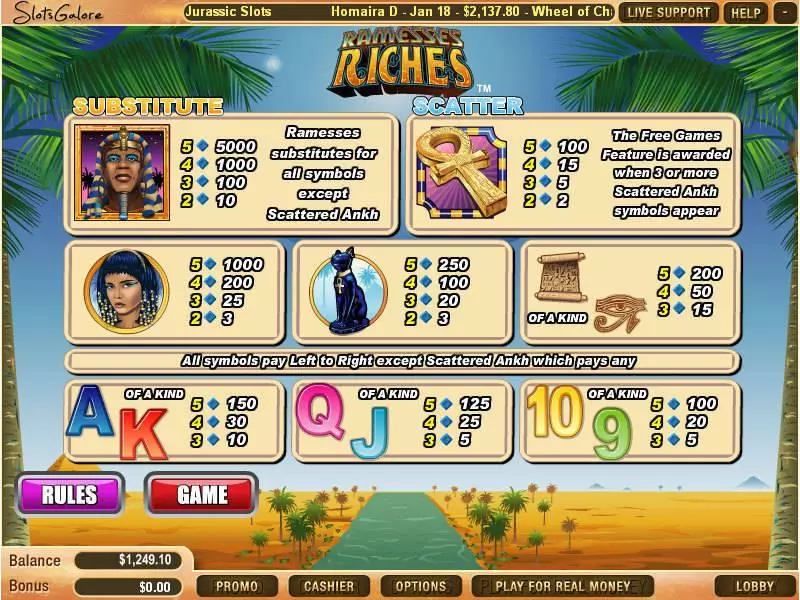 Ramesses Riches WGS Technology Slots - Info and Rules