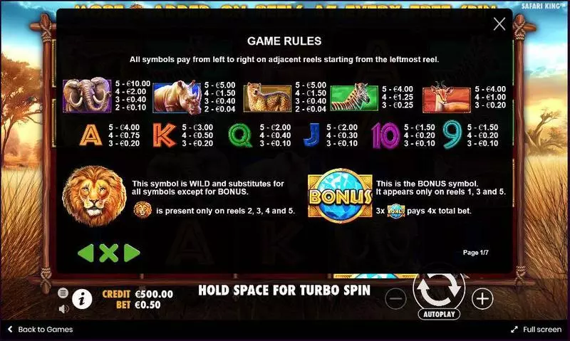 Safari King Pragmatic Play Slots - Paytable