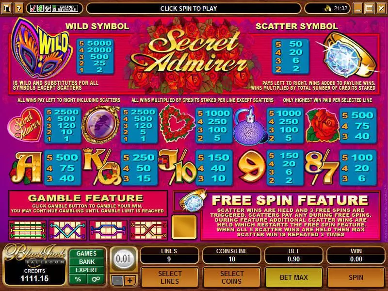 Secret Admirer Microgaming Slots - Info and Rules