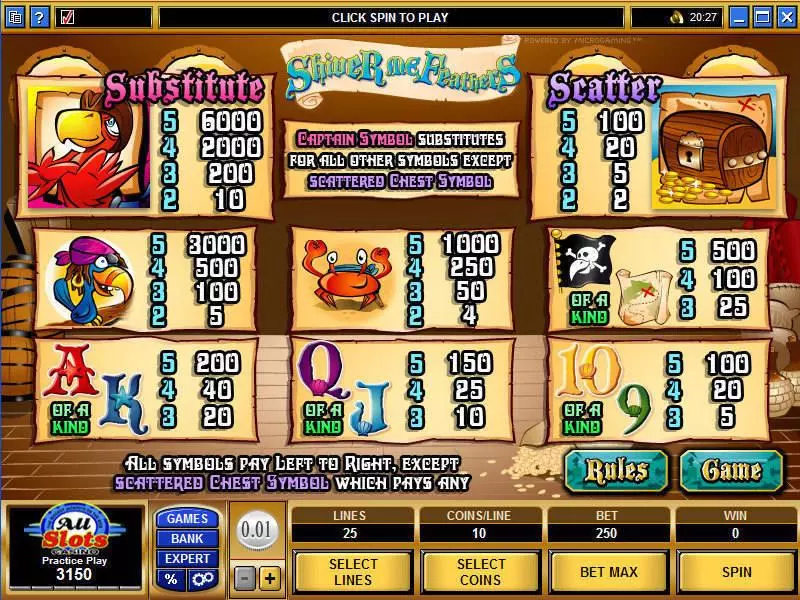 Shiver Me Feathers Microgaming Slots - Info and Rules