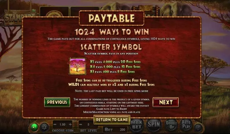 Stampede BetSoft Slots - Paytable