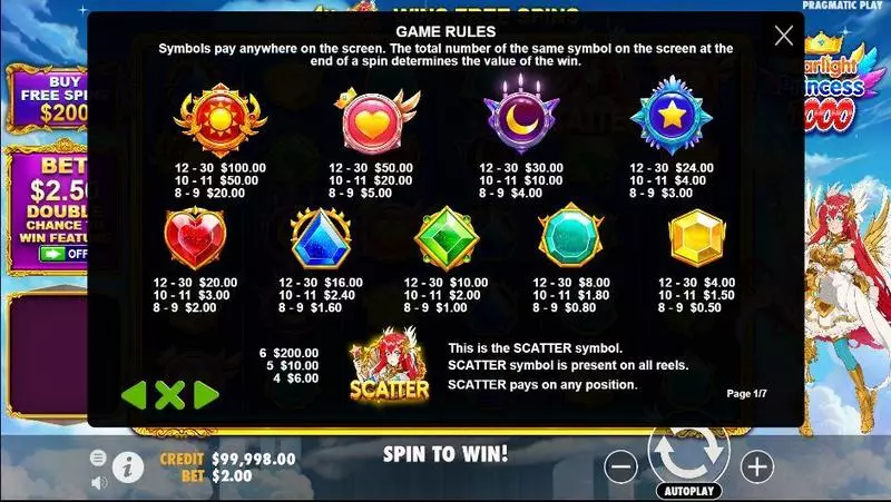 Starlight Princess 1000 Pragmatic Play Slots - Paytable