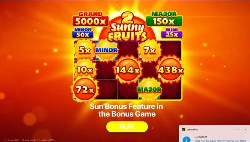 Sunny Fruits 2: Hold and Win Playson Slots - Introduction Screen