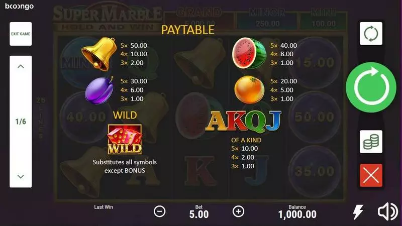 Super Marble Booongo Slots - Paytable