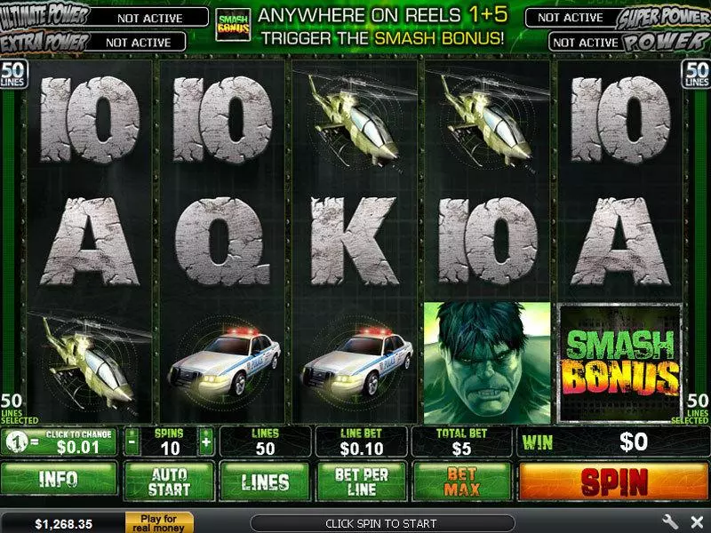 The Incredible Hulk 50 Line PlayTech Slots - Main Screen Reels