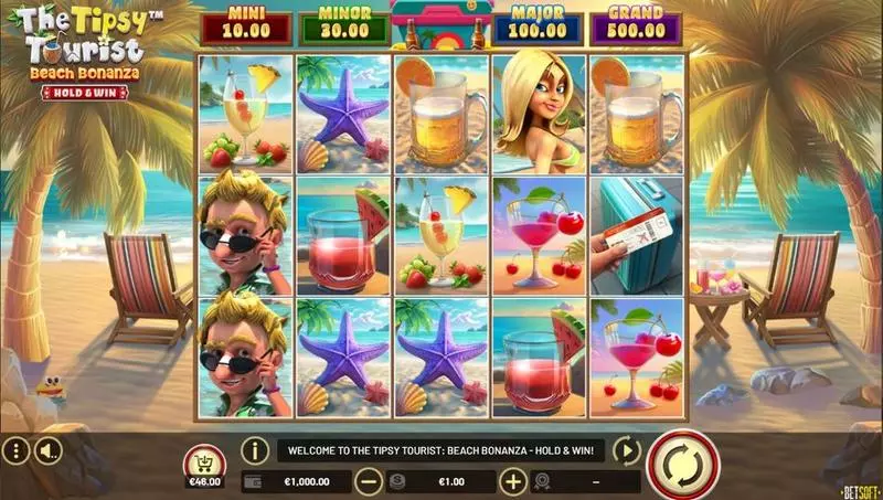 The Tipsy Tourist - Beach Bonanza - Hold & Win BetSoft Slots - Main Screen Reels