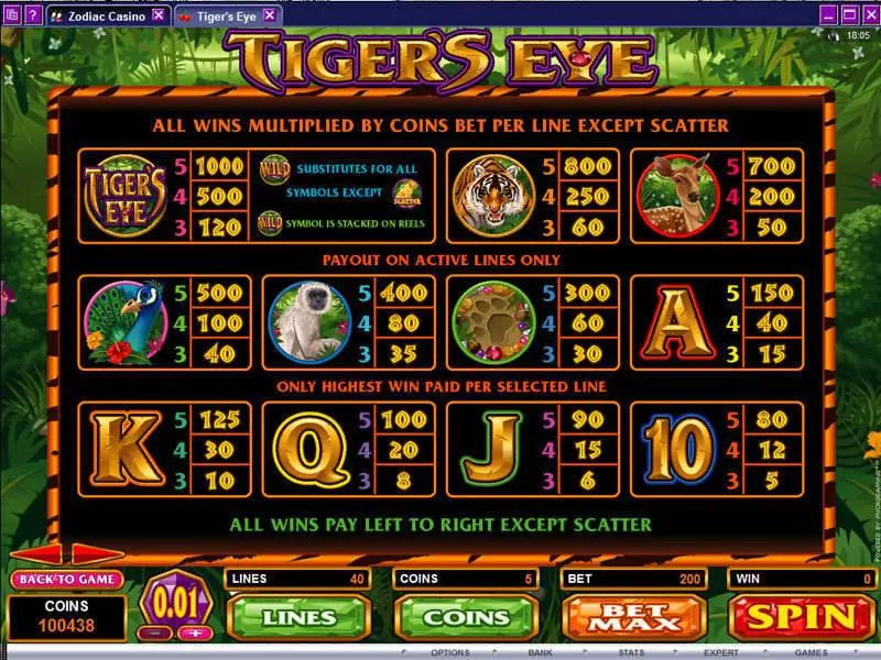Tiger's Eye Microgaming Slots - Info and Rules