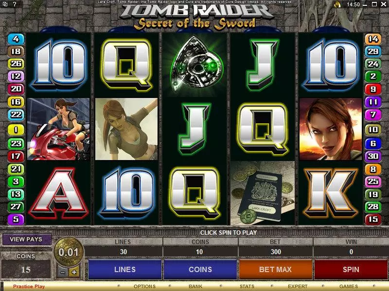 Tomb Raider - Secret of the Sword Microgaming Slots - Main Screen Reels
