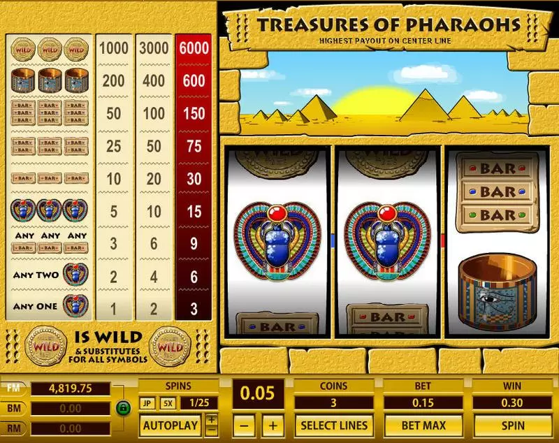 Treasures of Pharaohs 1 Line Topgame Slots - Main Screen Reels