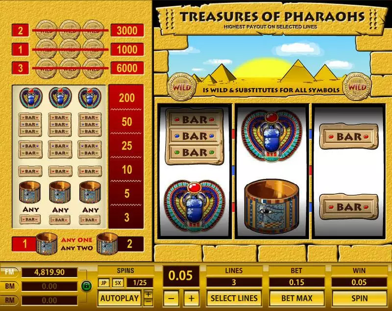 Treasures of Pharaohs 3 Lines Topgame Slots - Main Screen Reels