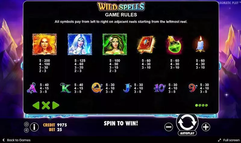Wild Spells Pragmatic Play Slots - Paytable